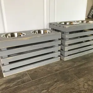 Wooden Grey washed Crate style Tall double diner dog feeder steel bowls pet feeder raised wooden dog crate stand feeder