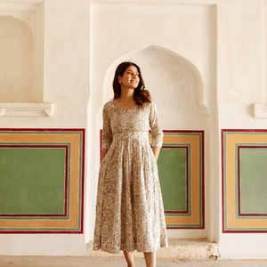 New <span class=keywords><strong>Kirana</strong></span> anarkali ăn mặc đa-vải tay khối in trắng màu be Ốp Bohemian handmade đạo đức có thể giặt tự nhiên hàng ngày - Product Image 1