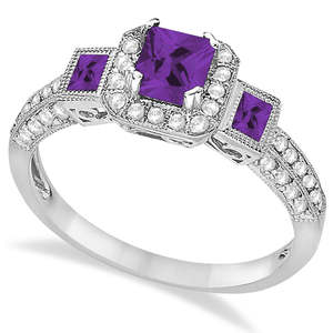 Bague de fiançailles en or blanc 14 carats avec améthyste et diamants, bijoux en diamants 1,35 carats - Product Image 1