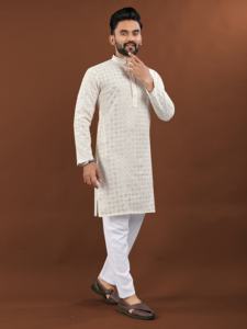 Men's Silk Kurta Collection Heavy Rayon with Lucknowi <b>Work</b> and <b>Mate</b> Sequence Traditional Wear for Parties - Product Image 3