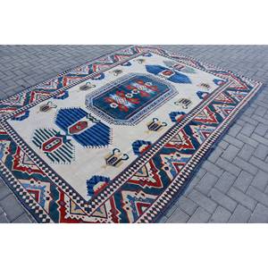 Alfombra turca Vintage clásica azul Beige 7,1X9,4 pies Patchwork patrón abstracto Material de lana látex para pasillo rectangular de vida - Product Image 2