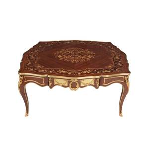 Table basse carrée de luxe avec incrustation de bois complexe et finition en laiton élégante pour une décoration intemporelle du salon - Product Image 1