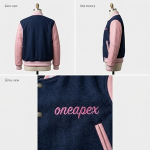 เสื้อแจ็คเก็ตเลตเตอร์แมนผ้าวูลสีกรมท่าสำหรับผู้หญิง แขนหนังสีชมพู โลโก้สั่งทำ คอปกและปลายแขนเสื้อถักแบบริบ ติดกระดุมแป๊กด้านหน้า เสื้อผ้าสตรีทแวร์สุดหรู - Product Image 5