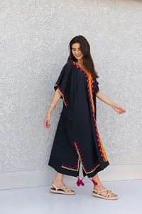Kaftan attrayant en tissu 100% rayonne bleu marine foncé 2026, manches courtes, brodé, taille plus, ample, pour femmes - Product Image 2