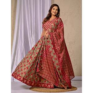 Lehenga Choli Étnico Rojo de Algodón Estampado, Estilo Bollywood, Ropa Étnica India, Salwar Kameez Hecho de Georgette - Product Image 5