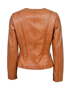 Chaqueta de cuero de Napa real suave de diseñador de moda elegante de bronceado para mujer, chaqueta marrón de cuero puro para mujer - Product Image 2