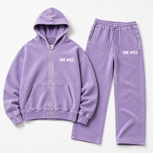 Custom Men Lavender Oversized <b>Full</b> <b>Zip</b> <b>Hoodie</b> Tracksuit 100% Cotton Heavyweight Open Bottom Sweat Suit OEM ODM Streetwear - Product Image 3