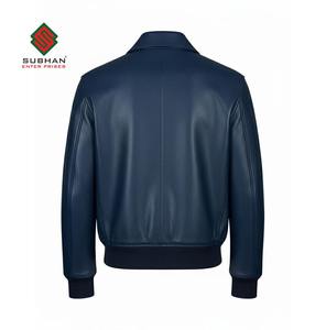 Chaqueta de Cuero con Estampado de Piel de Oveja Azul Aviador para Hombre |   Cuero de Oveja Hecho a Mano |   Ropa de abrigo vintage A-2 |   Regalo para Él - Product Image 2