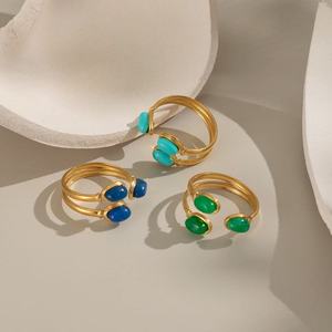 Cổ Điển Hollow Hai Lớp Mở C Hình Dạng Vòng 18K Mạ Vàng Thép Không Gỉ Ba Hình Bầu Dục Đá Tự Nhiên INlay Ngón Tay Vòng - Product Image 2