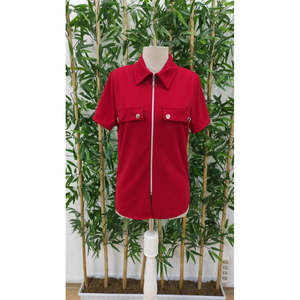Veste à manches courtes pour femme avec fermeture éclair sur le devant, col et détail poche, chemisier en crêpe importé à manches courtes, 36370 - Rouge - Product Image 4