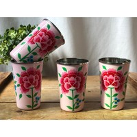 En promotion : Ensemble de gourdes isothermes portables personnalisables en acier inoxydable/émail, motif floral rose peint à la main, écologiques, 1 L, style vintage, Inde