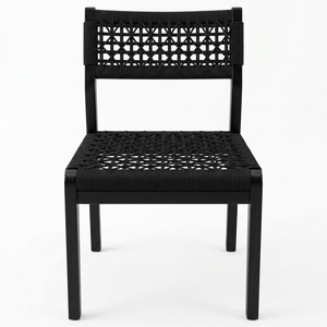 Chaise de salle à manger en bois massif noir avec rotin tressé, chaise d'appoint sans accoudoirs en toile noire anthracite pour extérieur, patio, jardin, décoration artistique - Product Image 1