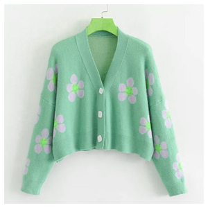 Cardigan en laine pour femmes, motif floral, tendance personnalisée, OEM, qualité supérieure, style universitaire grec, pulls brillants, fraternité - Product Image 2