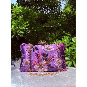 <b>Purple</b> Pearl Decorated Floral Embroidered Satin <b>Clutch</b> with Magnetic Closure Chain Strap Handmade Evening Bag up to 1L Capacity - Product Image 1