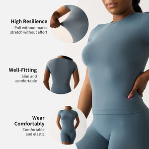 SK0712, Camiseta de cuello redondo sin costuras para mujer, camiseta de compresión de Fitness de manga corta para deportes, correr y Fitness - Product Image 4