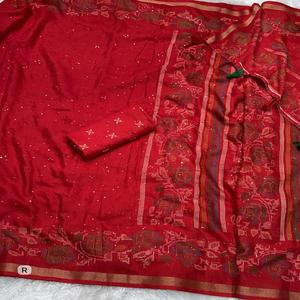 Sari de algodón Mul para mujer con lentejuelas y bordado de hilo, diseño completo estilo Kashmiri con borde de jacquard Zari y Pallu, hecho en India. - Product Image 1