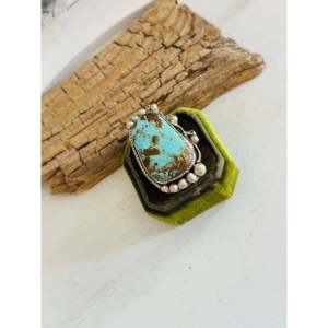 Navajo Handmade #8 Turquoise Sterling Silver <b>Adjustable</b> Gemstone <b>Ring</b> Vermeil Rhodium Geometric Statement Design Everyday Wear - Product Image 3