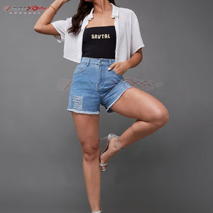 Trendy Women <b>Jeans</b> <b>Shorts</b> With Raw Edge Finish And <b>High</b> <b>Waisted</b> Fit For Festivals Ladies <b>Jeans</b> <b>Shorts</b> - Product Image 3