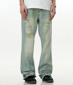 Pantalones Vaqueros de Mezclilla con Logotipo Personalizado, Estilo Vintage, Rotos, Elásticos, Ajustados, Holgados, Deslavados, Acampanados para Hombre, Nueva Llegada, Alta Calidad - Product Image 3