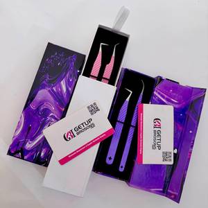 Pince à cils professionnelle en acier inoxydable, thème violet et rose, courbe longue à 90 degrés, prise diamant parfaite, pour extensions de cils - Product Image 1