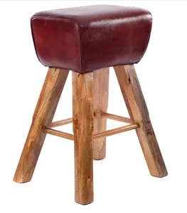 Red Leather Bar Stool With Rustic Wood Base Living Room Stools Premium Quality Handcrafted