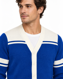 Cardigan en tricot rayé bleu et blanc pour homme avec fermeture boutonnée, manches longues, vêtement d'automne, OEM ODM, logo, marque privée - Product Image 4