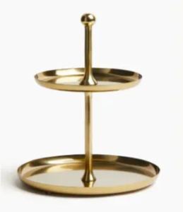 Présentoir à gâteaux à 2 niveaux en métal argenté au look tendance avec design à la feuille d'or pour restaurant et bar d'hôtel - Product Image 3