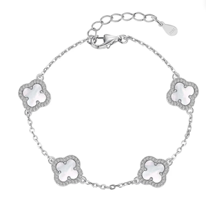 Exquisita Pulsera de Trébol de Cuatro Hojas con Diamantes Moissanite y Zafiros, Pulsera Floral en Oro Blanco - Product Image 1