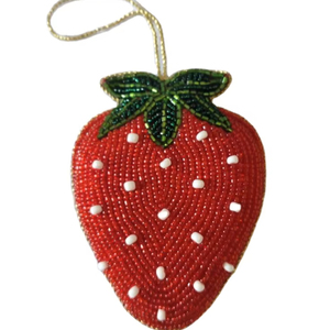 Porte-clés et accessoires de sac en perles de rocaille brodées, motif fraise, couleurs rouge, blanc et vert, en provenance d'Inde - Product Image 1