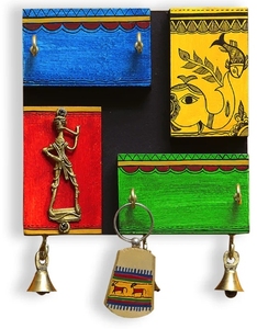 In-Key-Geneous Warli Hand-Painted Wooden Key Holder With Dhokra <b>Art</b> 4 Hooks Mounted Mail Holder for Home Wall Door Key <b>Stand</b> - Product Image 1