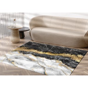 Black Marble Printed Rug: Entry Rugs, Black And <b>Gold</b> Marble, Shimmery Design,Luxury Velvet Rug - Product Image 2