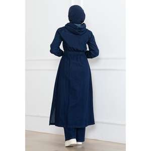 Ensemble décontracté 2 pièces pour femme, bleu foncé, taille 3XL, avec short en jean 100 % coton, col rond élastique et capuche, longueur midi - Product Image 4