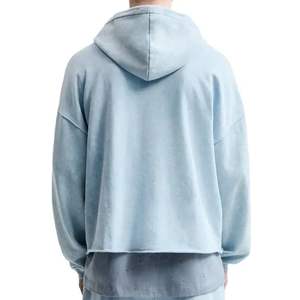 Jersey personalizado para hombre con capucha de gran tamaño lavado vintage 100% algodón crudo dobladillo recortado hombro caído ropa de calle estilo liso teñido invierno - Product Image 3