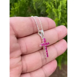 925 Silver <b>Ruby</b> Cross <b>Necklace</b> Rhodium Christian 14K Gold 18K Platinum Zircon Diamond Pearl for Engagement Number Shape Pattern - Product Image 3