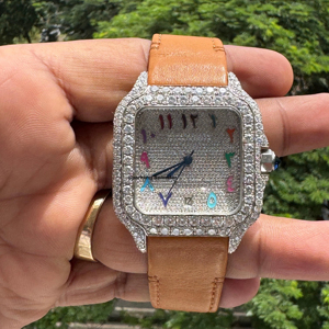 นาฬิกาเพชรโมอิสแบบอนาล็อกอัตโนมัติพร้อมฟังก์ชั่นวันที่เคสเหล็กสไตล์ฮิปฮอปหนังและยางรัด - Product Image 1