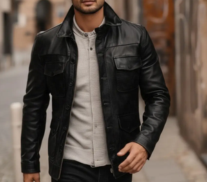 Blouson moto en cuir véritable pour homme, noir, col rabattu, simple boutonnage, coupe classique, style automne, modèles 2027 - Product Image 1