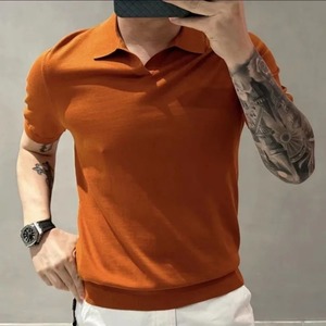Ropa de hombre, camiseta Polo de punto básica fina e informal sencilla a la moda de verano para hombre, Jersey transpirable ajustado de manga corta sólido para hombre, Tops - Product Image 2