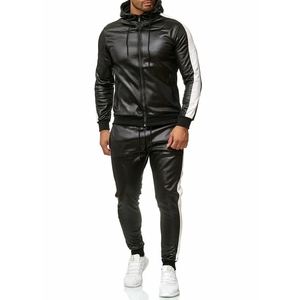 PU Leather Tracksuit 2 Piece Set For Men Windproof Breathable Slim Fit Zipper Jacket And <b>Trouser</b> Wholesale - Product Image 5