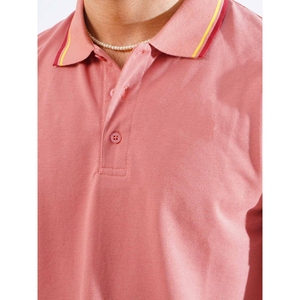 Men's Solid Color Short Sleeve Polo <b>Shirt</b> Cotton Pique Casual Wear Pink with Yellow Trim Collar and Cuffs - Product Image 6