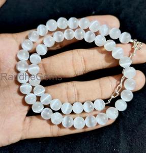 Collier en sélénite naturelle AAA, perles lisses de 8 mm, chaîne en argent sterling plaqué argent, sélénite blanche de haute qualité - Product Image 3