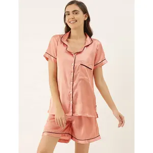 Shorts de manga curta feminino, roupa de dormir em seda, pijama sensual para mulheres, camisola de seda