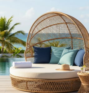 Chaise longue en rotin portable, résistante aux UV, écologique et durable, avec coussins en éponge pour une utilisation en extérieur, au parc, dans la chambre ou dans une ferme - Product Image 3