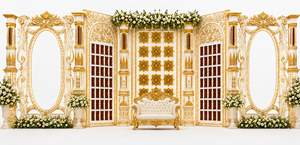 Scène de réception de mariage indienne grandiose de style Bollywood classique, blanc et or, avec canapé, thème palais, pour événements de fiançailles en Australie - Product Image 6