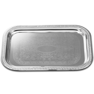 Plateau de service rectangulaire élégant en argent plaqué avec poignées, design vintage gravé d'oiseaux et de fleurs, plat en métal pour la maison et l'hôtel - Product Image 6