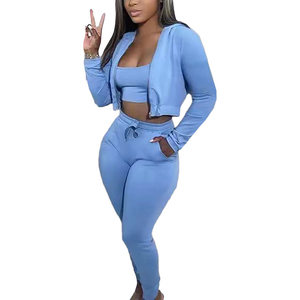 Ensembles de survêtements pour femmes en gros, pièces d'usine, sweats à capuche décontractés, hauts courts et pantalons longs à taille haute à manches longues - Product Image 1