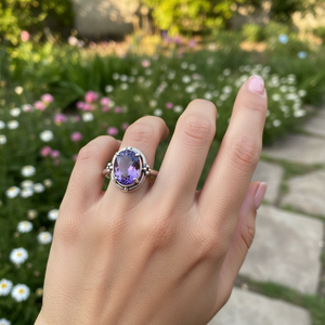 Anillo de Plata de Ley con Amatista Natural, Hecho a Mano, Minimalista, Delicado, con Gema Ovalada, Regalo de Boda para Ella - Product Image 6