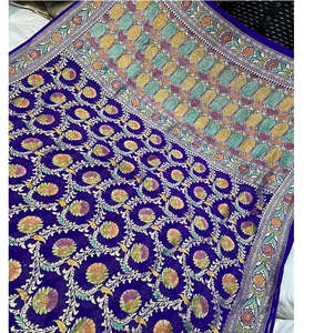 Sari de Seda Banarasi de Chifón Georgette Puro Hecho a Mano, Color Azul Agua Real, Bordado Floral Zari, Borde Pesado, Blusa Sin Coser para Fiesta - Product Image 6