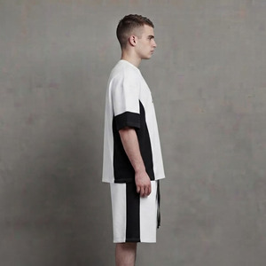 Ensemble T-shirt et short en coton pour homme, col rond, décontracté, sportif, été, blanc, noir, imprimé lettres, respirant, tricoté - Product Image 3