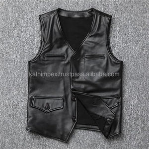 Chaleco de cuero negro personalizado OEM para hombre con 4 bolsillos y botones de cuerno ropa exterior transpirable para primavera y otoño estilo informal - Product Image 2