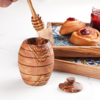 Pot à miel en bois d'olivier antique ArtisRaw avec cuillère sculptée à la main (Origine tunisienne) - Thème vintage, cadeau pour la fête des mères